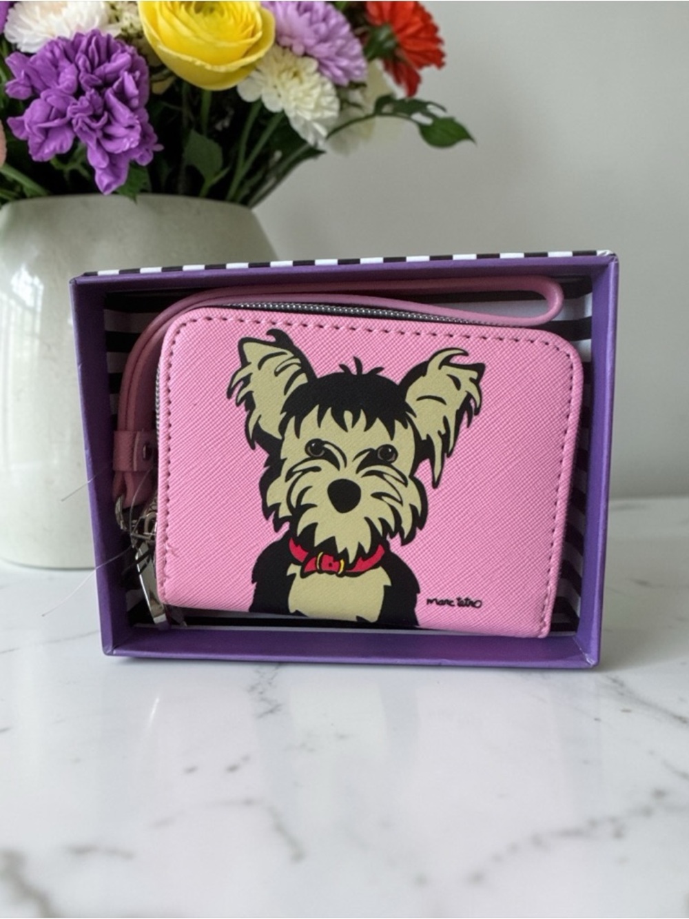 Marc Tetro Yorkie Terrier Pink Zip Around Small Wristlet Wallet NIB/NWT